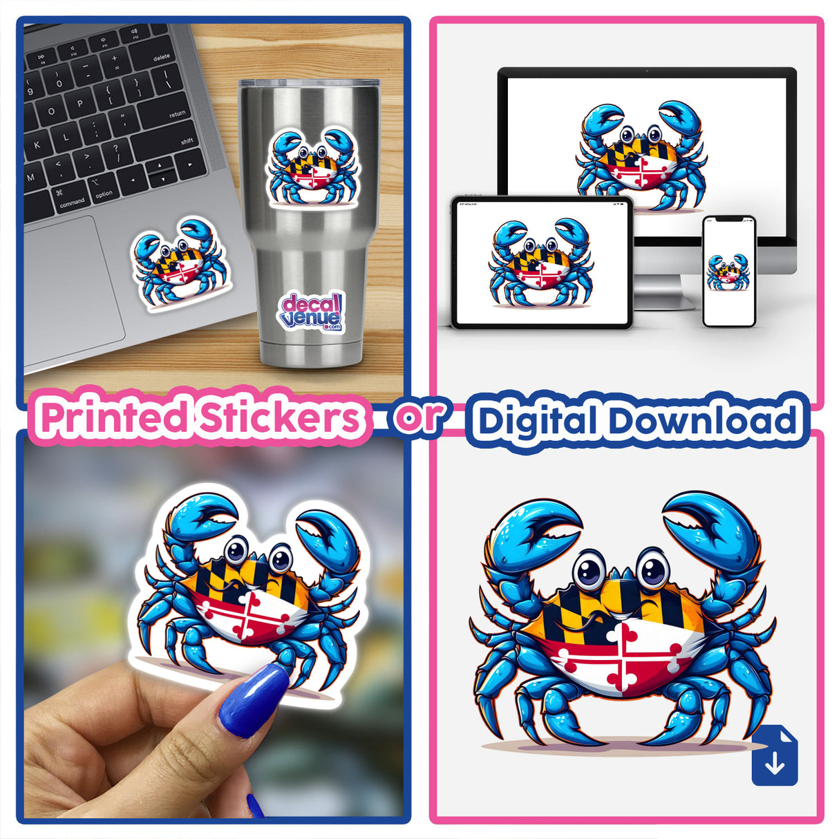 Colorful digital artwork of a smiling blue crab character adorning a laptop, tumbler, and mobile devices, showcasing versatile product applications.