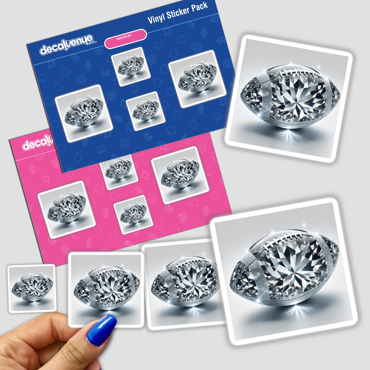 Hand holding a sticker pack of diamond-shaped football designs, available as stickers or digital artwork, from Decal Venue.