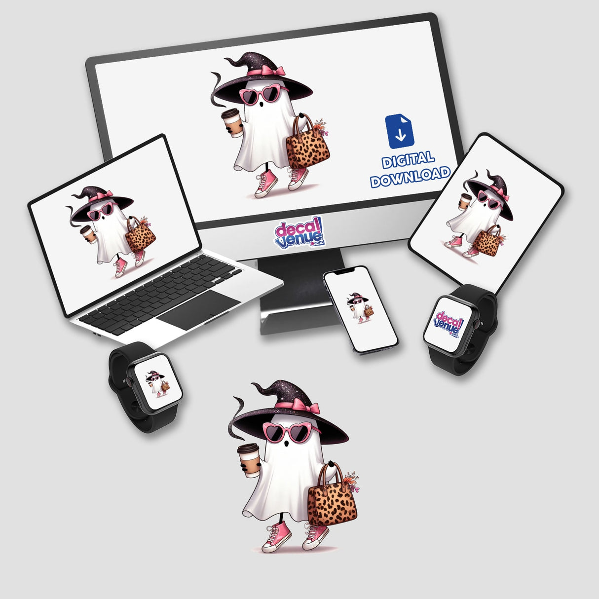Boujee Ghost Leopard Tote and Sneakers featuring cartoon ghosts holding coffee and bags displayed on a computer monitor and laptop. Available as Stickers or Digital Artwork from Decal Venue.