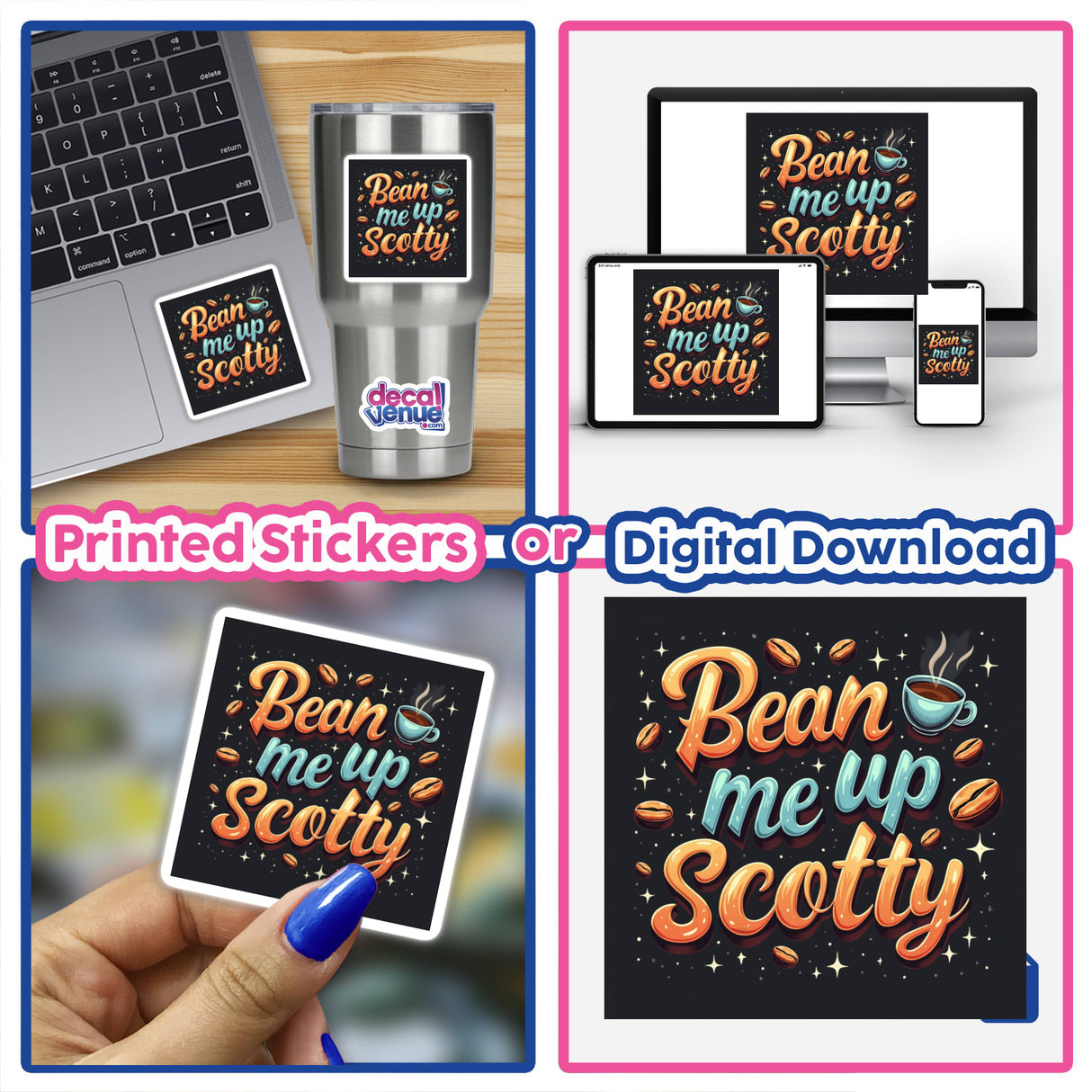 Bean Me Up, Scotty Sticker featured on a laptop, highlighting its sci-fi coffee theme for espresso lovers, available as stickers or digital artwork from Decal Venue.