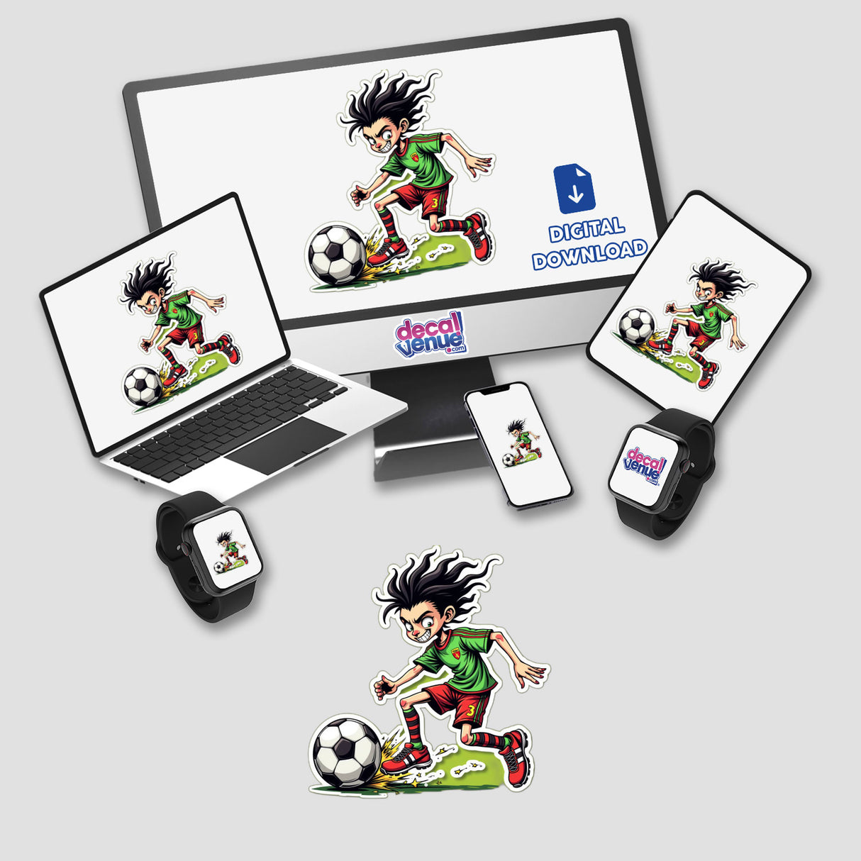 Fome de Bola: A computer monitor and laptop display cartoon characters playing football, available as stickers or digital artwork.