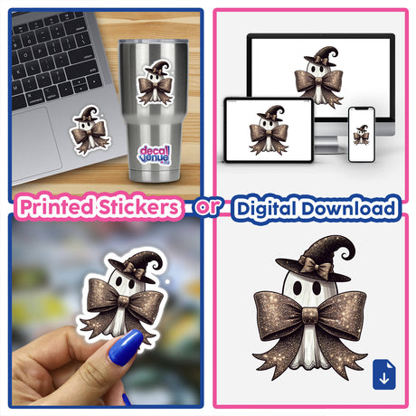 Cute Ghost w/ Glitter Coquette Bow II sticker shown on a laptop and held by a hand, featuring a cartoon ghost with a bow. Available as Stickers or Digital Artwork.