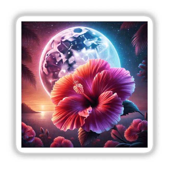 Twilight Hibiscus Blooming Under the Moonlight: A lush tropical flower with a moonlit background, featured as stickers or digital downloads from Decal Venue.