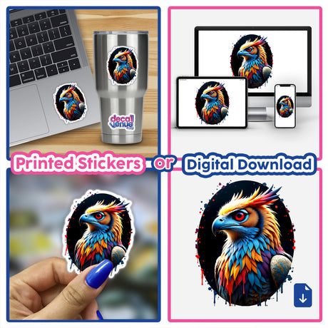 Collage featuring A Cool Hybrid Hawk Owl with striking red eyes, available as stickers or digital artwork. Various close-ups highlight the bird's unique features, reflecting Decal Venue's distinctive vinyl sticker and digital art offerings.