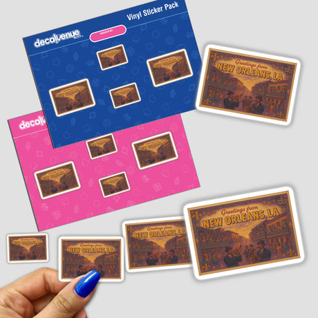 Greetings from New Orleans Postcard Sticker or Clipart featuring vintage jazz art, available as stickers or digital artwork, showcasing vibrant New Orleans jazz scenes. Perfect for commercial use.