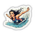 Eu Pegando Uma Onda: Cartoon of a woman with long black hair swimming, available as stickers or digital artwork.