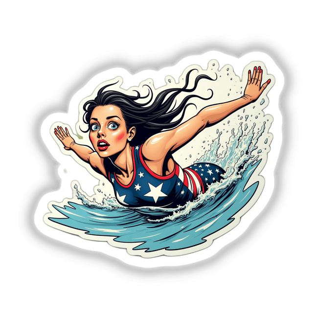 Eu Pegando Uma Onda: Cartoon of a woman with long black hair swimming, available as stickers or digital artwork.