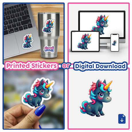 Collage of Cute And Magical Pony Unicorn artwork, featuring whimsical unicorn cartoons available as stickers or digital art, ideal for laptops or cups.