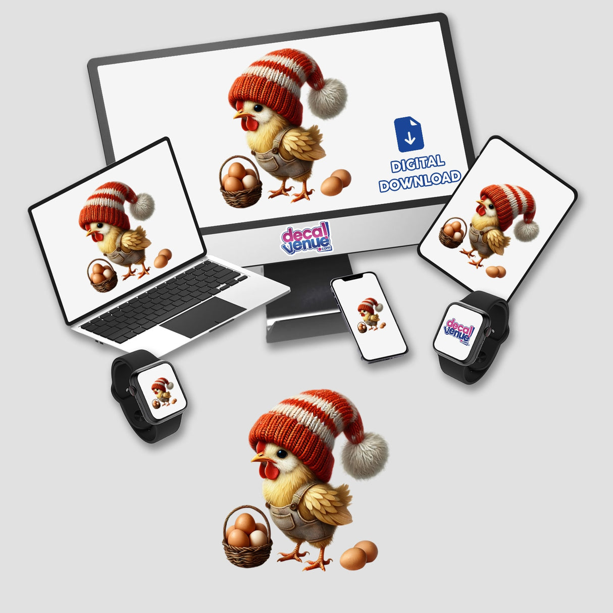Chicken Gnome Basket of Eggs digital artwork on a computer monitor and laptop, featuring a cartoon chicken wearing a hat and overalls with a basket of eggs.