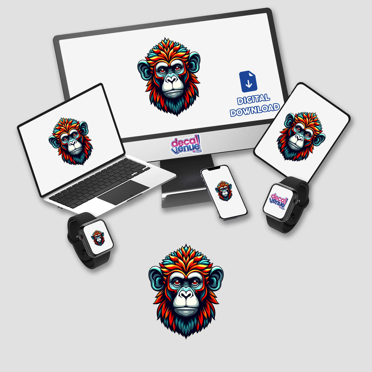 A Cool Monkey King design displayed on a computer monitor, laptop, cell phone, and smartwatch, showcasing its versatility as either stickers or digital artwork.