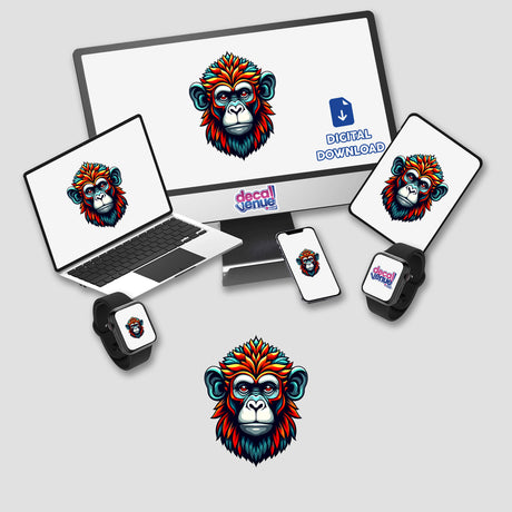 A Cool Monkey King design displayed on a computer monitor, laptop, cell phone, and smartwatch, showcasing its versatility as either stickers or digital artwork.