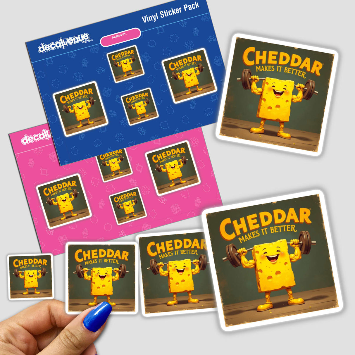 Cheddar Makes It Better sticker set features whimsical cheese characters lifting weights, perfect for food and cheese lovers. Available as stickers or digital artwork for purchase.