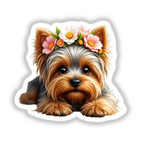 Whimsical Yorkshire Terrier with a Colorful Flower Crown, showcasing a terrier adorned with a vibrant floral crown, designed as a sticker and digital artwork, perfect for pet-themed decor.