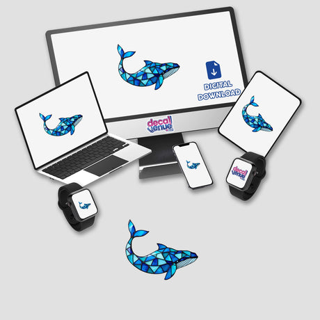 Whale Stained Glass Style design displayed on a computer monitor and laptop, showcasing a unique digital artwork available as stickers, highlighting the creativity of Decal Venue's product range.