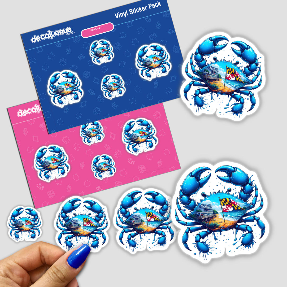 Vibrant blue Maryland Eastern Shore blue crab digital artwork stickers on pink and blue backgrounds, displayed in a Decal Venue vinyl sticker pack.