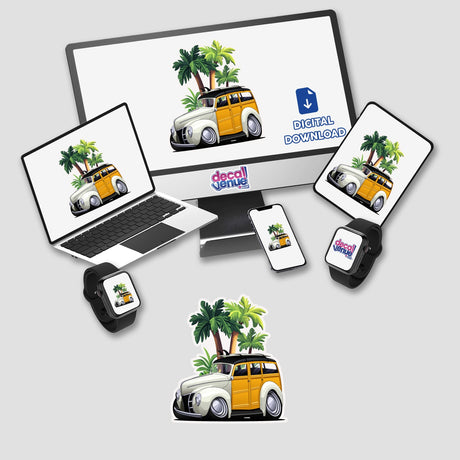 White Woodie Palm digital artwork displayed on a computer screen, phone, and watch, featuring a cartoon car with a surfboard amidst palm trees, available as stickers or digital downloads.