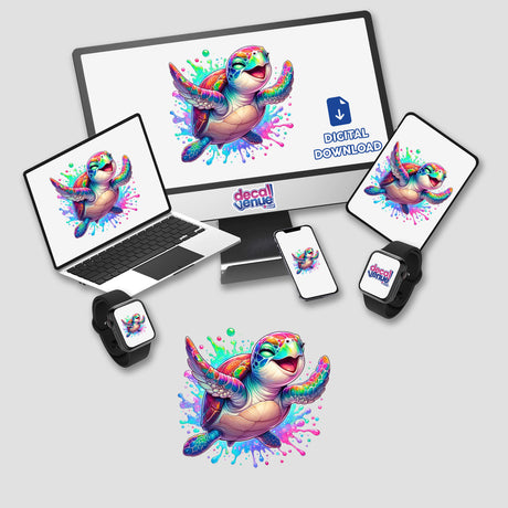 Colorful Happy Turtle Splash displayed on a computer monitor and laptop, representing a vibrant sticker or digital artwork option from Decal Venue, known for unique vinyl stickers and digital art.