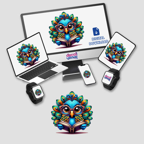 Peacock With Reading Glasses Open Book depicted on various devices, showcasing a cartoon peacock reading. Available as stickers or digital artwork from Decal Venue.