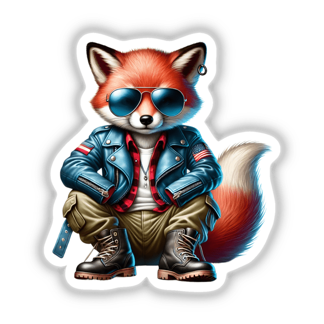 Cartoon fox in aviator sunglasses and leather jacket, titled Patriotic Leather Fox Aviator Sunglasses. Available as stickers or digital artwork from Decal Venue.