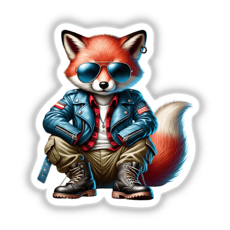 Cartoon fox in aviator sunglasses and leather jacket, titled Patriotic Leather Fox Aviator Sunglasses. Available as stickers or digital artwork from Decal Venue.