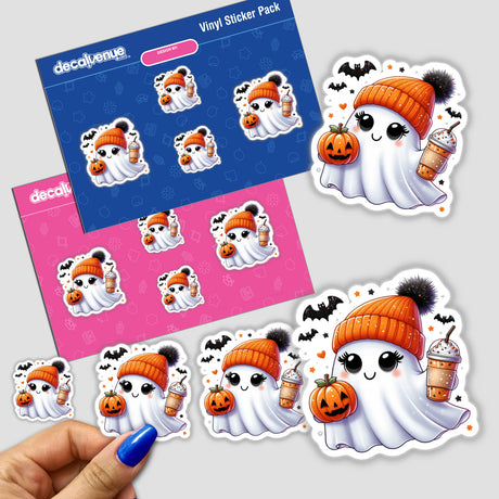 Cute ghostly stickers with Halloween accessories like pumpkin, bats, and coffee mugs, featuring a digital artwork collection from Ella Designz on the Decal Venue store.