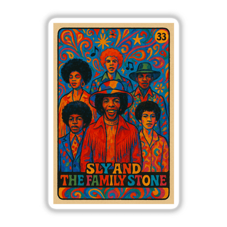 Sly Stone Memorial 1960s Retro Trading Card Art: Hand-drawn psychedelic wall art featuring Sly and the Family Stone in iconic 60s fashion, perfect for music fans and collectors.