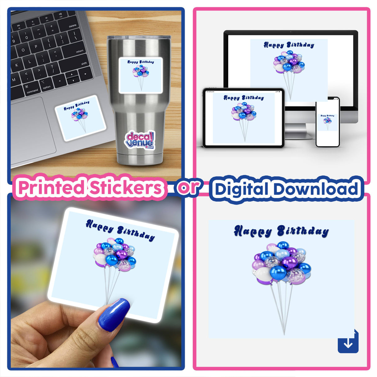 Colorful balloons with "Happy Birthday" text on a pale blue background, showcased as printed stickers and digital download options for various devices.