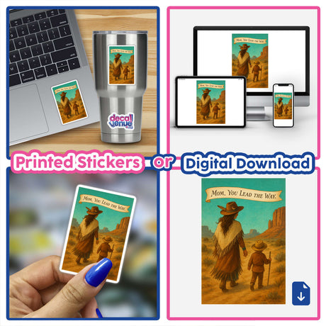 Boho Western Mother’s Day Sticker and Clipart, Turquoise Trailblazer, featuring a collage of a laptop displaying the sticker, ideal for digital artwork or physical sticker use.
