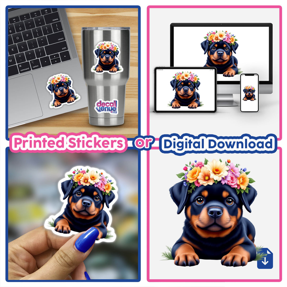 Gentle Rottweiler with a Blooming Floral Crown sticker collage, featuring a rottweiler adorned with flowers, highlighting its elegance and charm, ideal for unique sticker collections from Decal Venue.