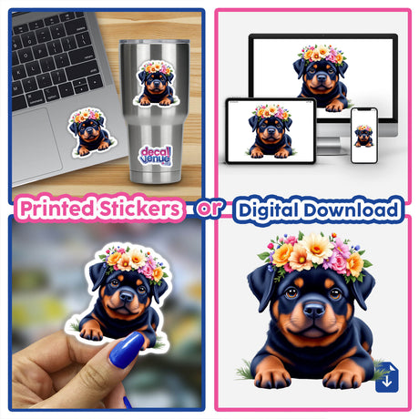 Gentle Rottweiler with a Blooming Floral Crown sticker collage, featuring a rottweiler adorned with flowers, highlighting its elegance and charm, ideal for unique sticker collections from Decal Venue.