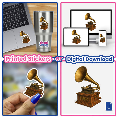 Victorian Edison Phonograph Clipart PNG & Sticker – Vintage Printable with Commercial Rights; a digital rendering showcasing intricate 1880s lithograph style, ideal for crafting or decor, available as a digital download or waterproof sticker.