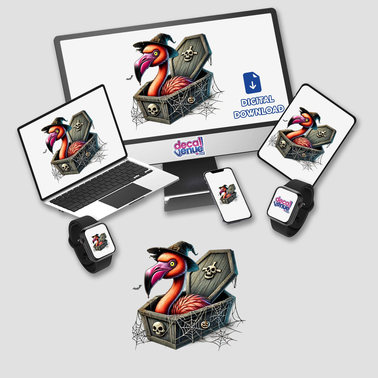 Colorful Halloween flamingo peeking out of coffin surrounded by cobwebs and skulls, presented across various digital devices for Decal Venue's unique stickers and digital art products.