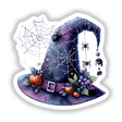 Halloween Hat with Spiders sticker or digital artwork featuring a whimsical hat adorned with spider webs, pumpkins, and dangling spiders, available from Decal Venue's unique collection.