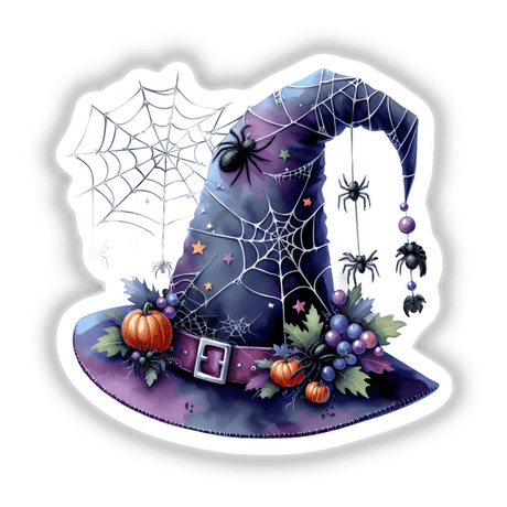 Halloween Hat with Spiders sticker or digital artwork featuring a whimsical hat adorned with spider webs, pumpkins, and dangling spiders, available from Decal Venue's unique collection.