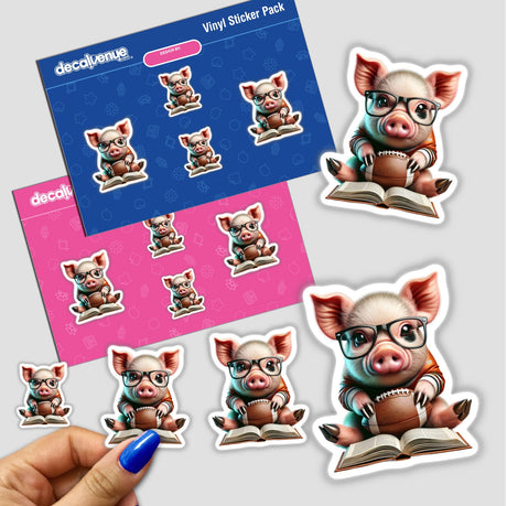 Pig in Reading Glasses with Open Book and Football: A whimsical cartoon pig sticker, showcasing a pig with glasses holding a book and football, embodying quirky charm and creativity.