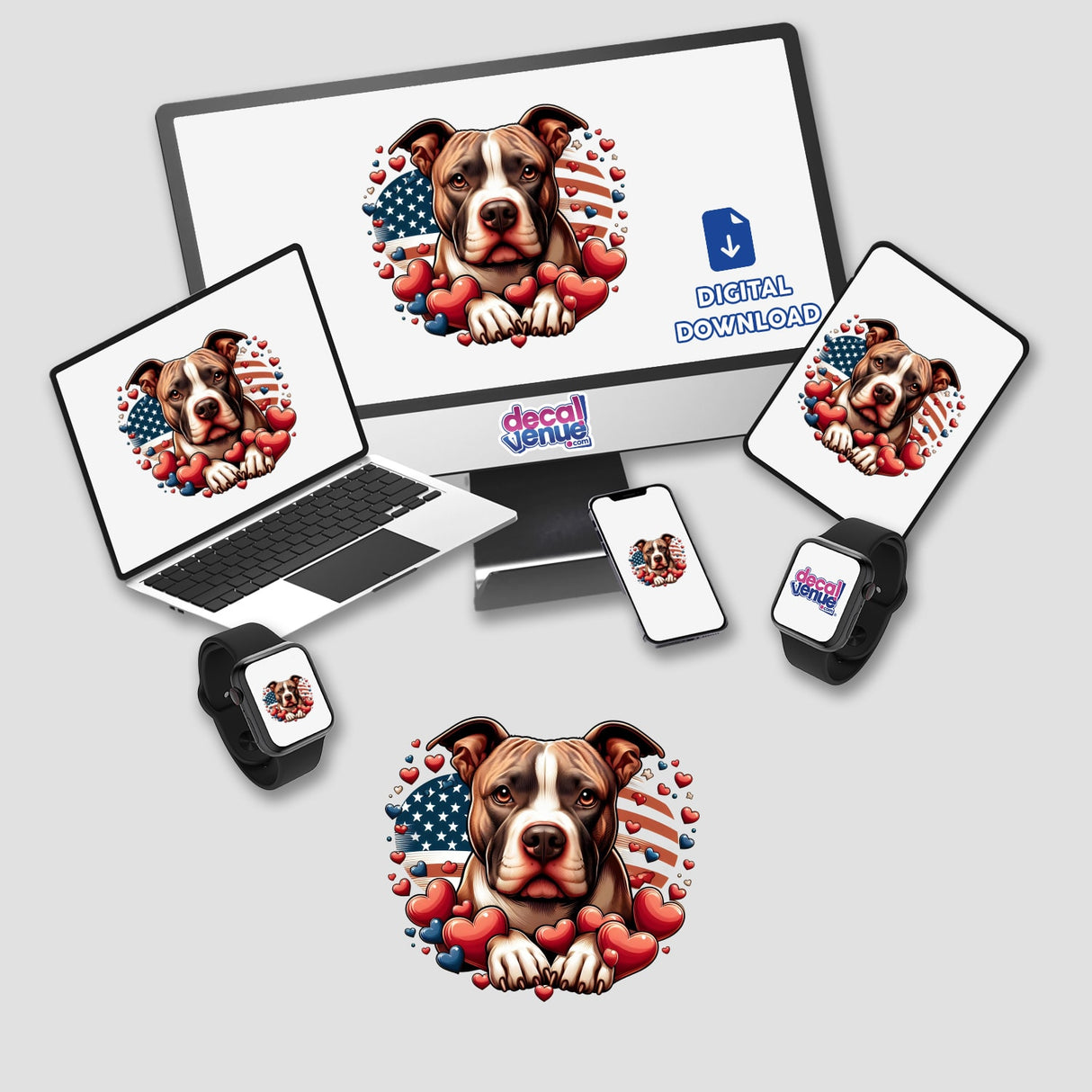Adorable American Red Nose Pitbull with hearts and USA-inspired graphic design across various digital devices
