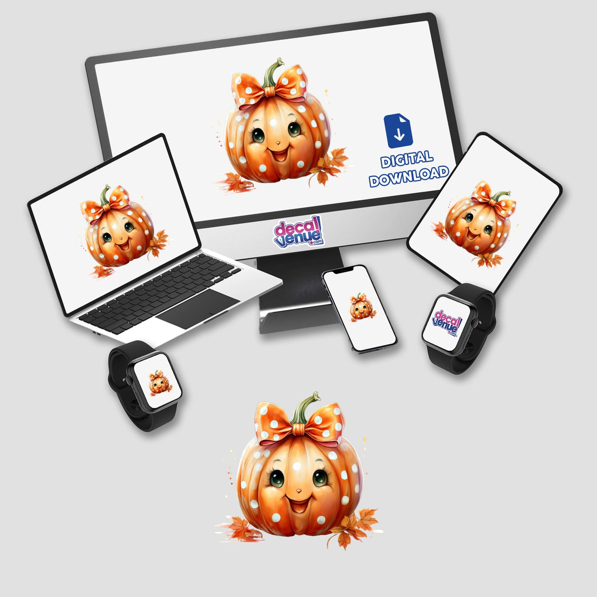 Whimsical orange polka dot pumpkin with ribbon, displayed across various digital devices including laptops, phones, and smartwatches, showcasing the product artwork from Decal Venue store.