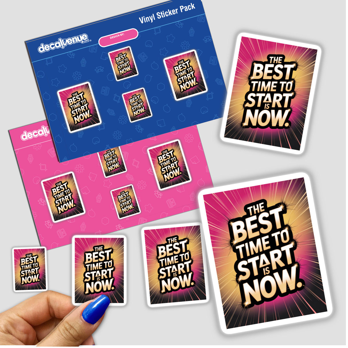 Hand holding The best time to start is now stickers, showcasing unique vinyl designs, available as stickers or digital artwork from Decal Venue.
