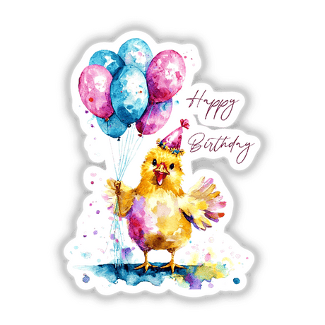 Colorful chick holding birthday balloons, adorable Happy Birthday digital artwork