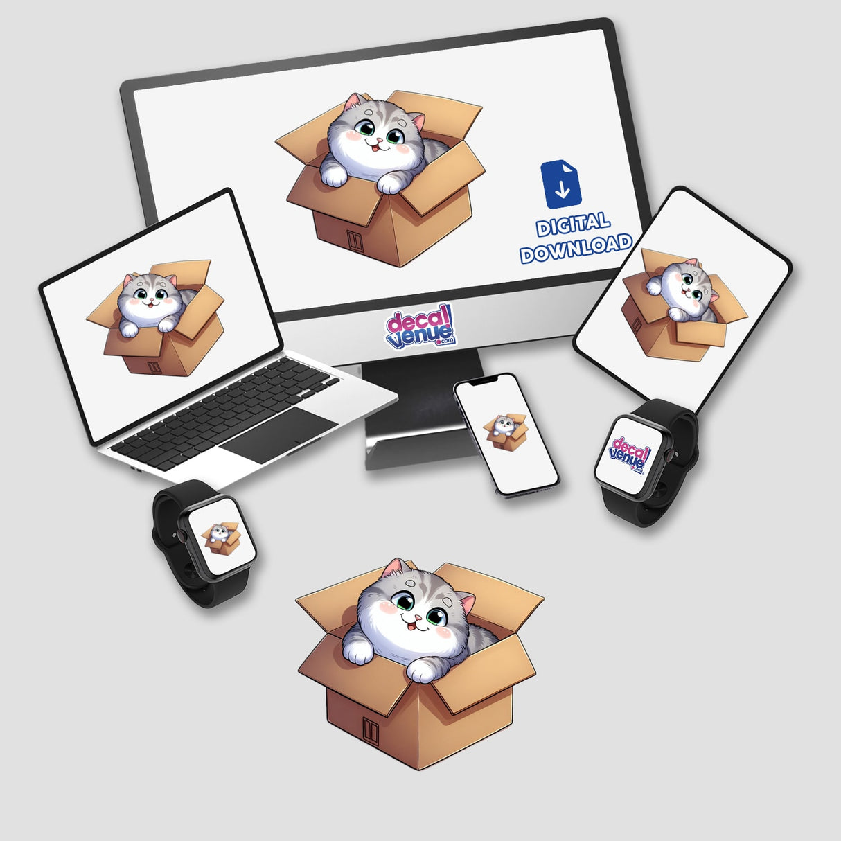 Cat in a box design featured on a laptop screen, showcasing unique stickers or digital artwork from Decal Venue, with a playful feline nestled inside a box.
