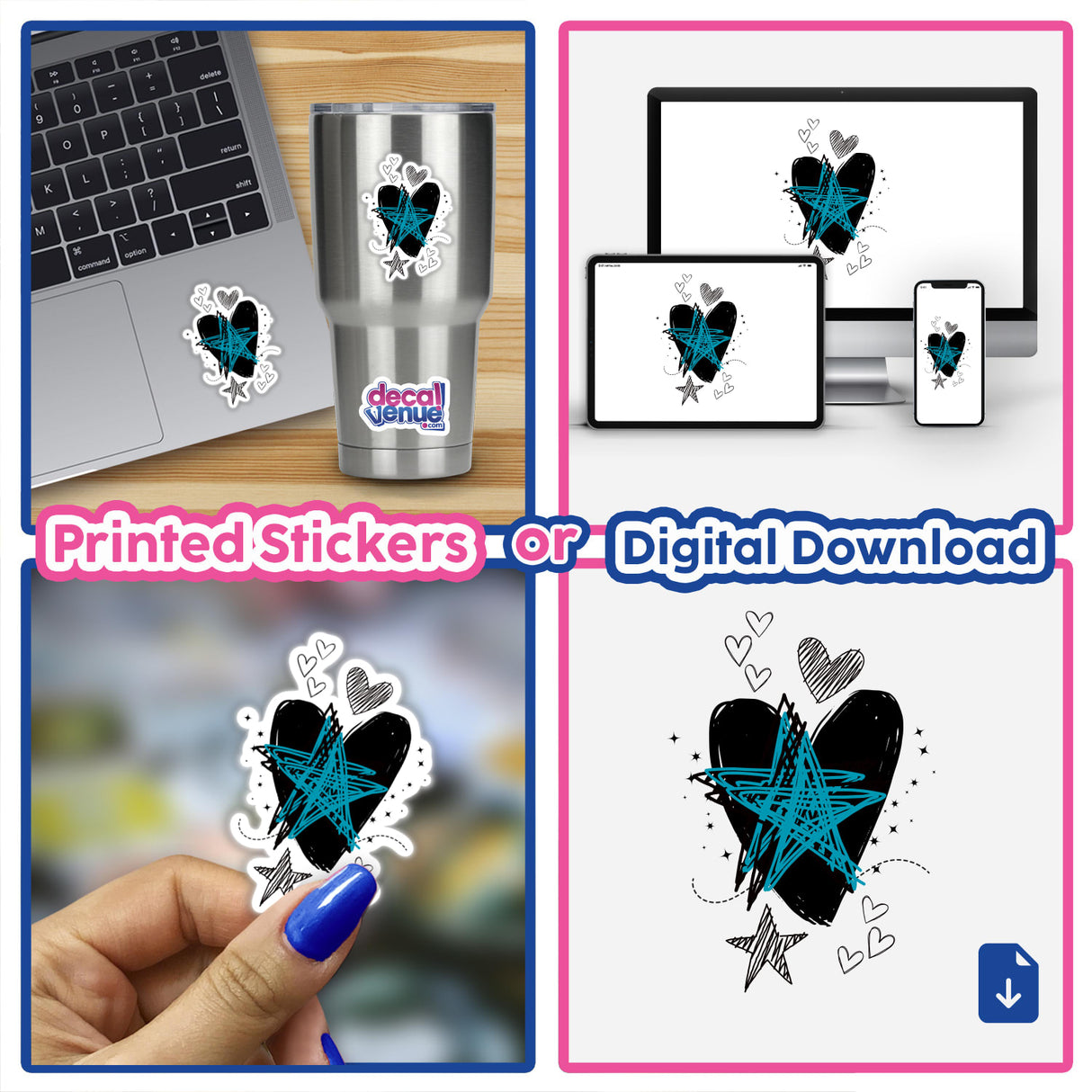 Collage featuring a laptop with a 'black heart blue star' sticker, highlighting its unique design. Part of Decal Venue's collection of distinctive stickers and digital artwork.