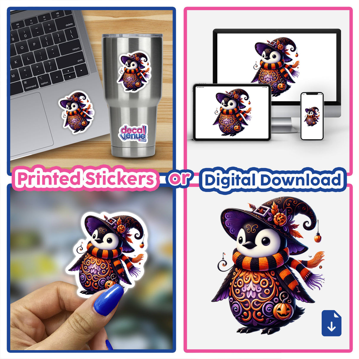 Halloween Penguin Wearing Witch Hat - Vibrant digital artwork of a cute penguin in a witch's hat, shown on a laptop, mobile device, and as a printed sticker. Decal Venue offers unique stickers and digital art to express your style.