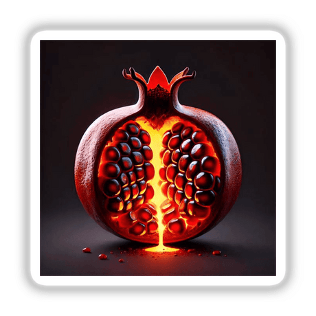 Volcanic Fruit Lava Flow Inside a Pomegranate - a pomegranate cut in half, revealing an illuminated, lava-like interior. Available as Stickers or Digital Artwork from Decal Venue.