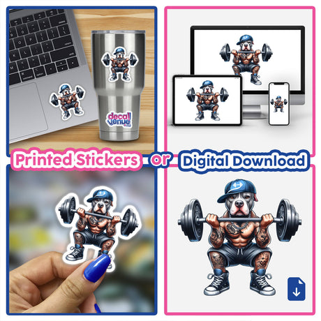 Buff pitbull weightlifter digital artwork stickers with product details on devices