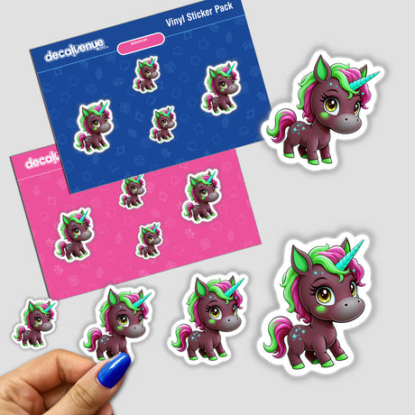 Cute And Magical Pony Unicorn stickers featuring charming cartoon unicorns. A hand holds one sticker, highlighting the playful and whimsical unicorn designs, perfect for fans of unique and magical decals.
