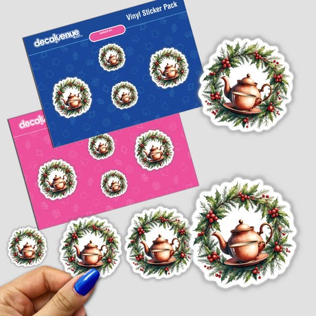 Teapot with Tea Cup in a Christmas Wreath sticker, featuring intricate designs of teapots and cups encased in festive wreaths. Available as a sticker or digital artwork from Decal Venue.