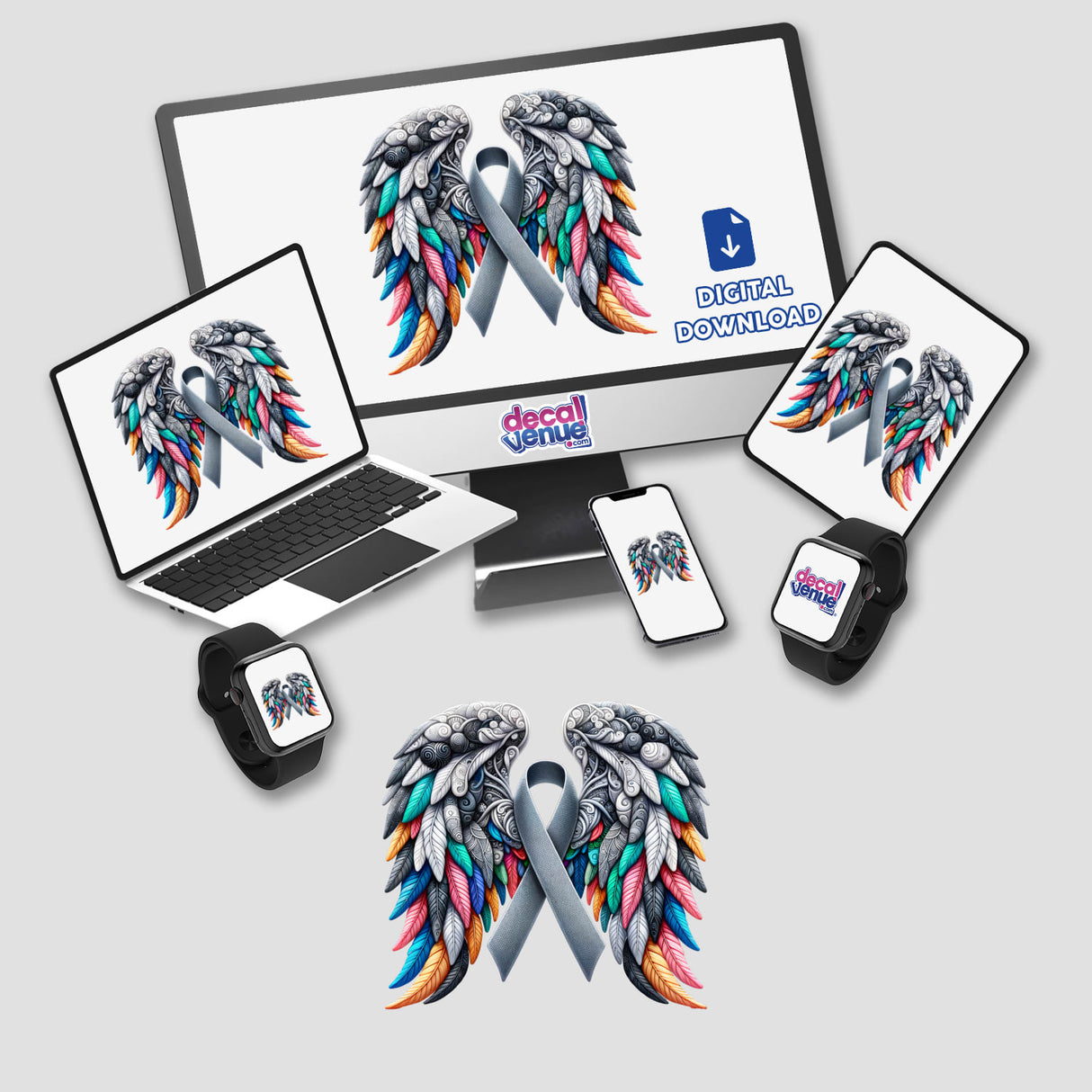 Grey Awareness Ribbon with Wings depicted as digital artwork, featuring a laptop and computer monitor with wing designs, available as stickers or digital art from Decal Venue.