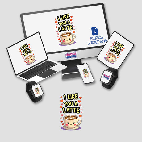 I Like You A Latte Funny Love Quote featured on a computer monitor and laptop, showcasing a cartoon coffee cup with heart-shaped foam, available as stickers or digital artwork from Decal Venue.