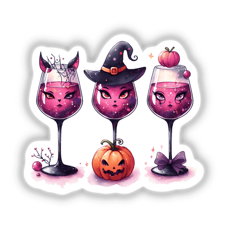 Three Halloween Themed Wine Glasses, featuring playful cartoon designs, pink liquid, and a pumpkin with a face, available as stickers or digital artwork.
