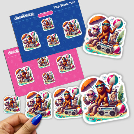 Vibrant Sasquatch Beach Party stickers available as digital downloads or vinyl decals, featuring a group of fun, sunglasses-wearing Sasquatch characters enjoying a lively beach scene with music, umbrellas, and beach balls.